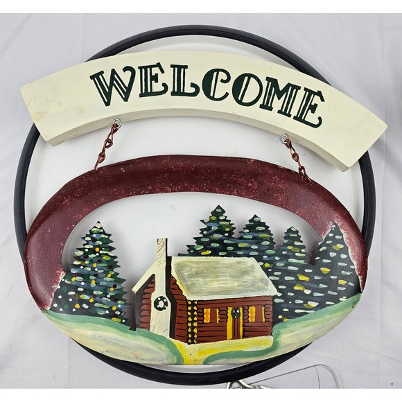 Welcome Cabin Lodge Decor Sign Rustic Painted Wood Wall Hanging Farmhouse - Picture 1 of 13